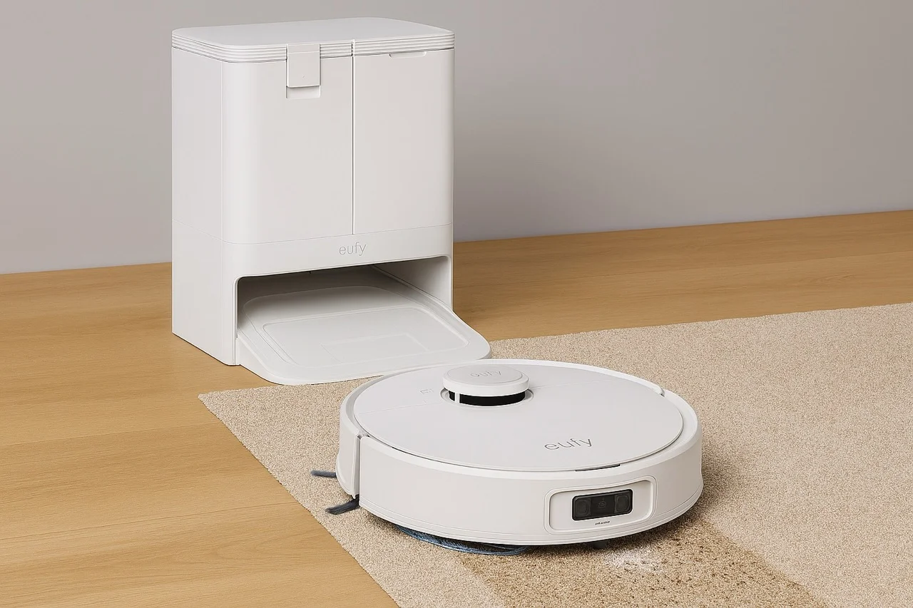 eufy X10 Pro Omni blanc avec sa station de vidage automatique