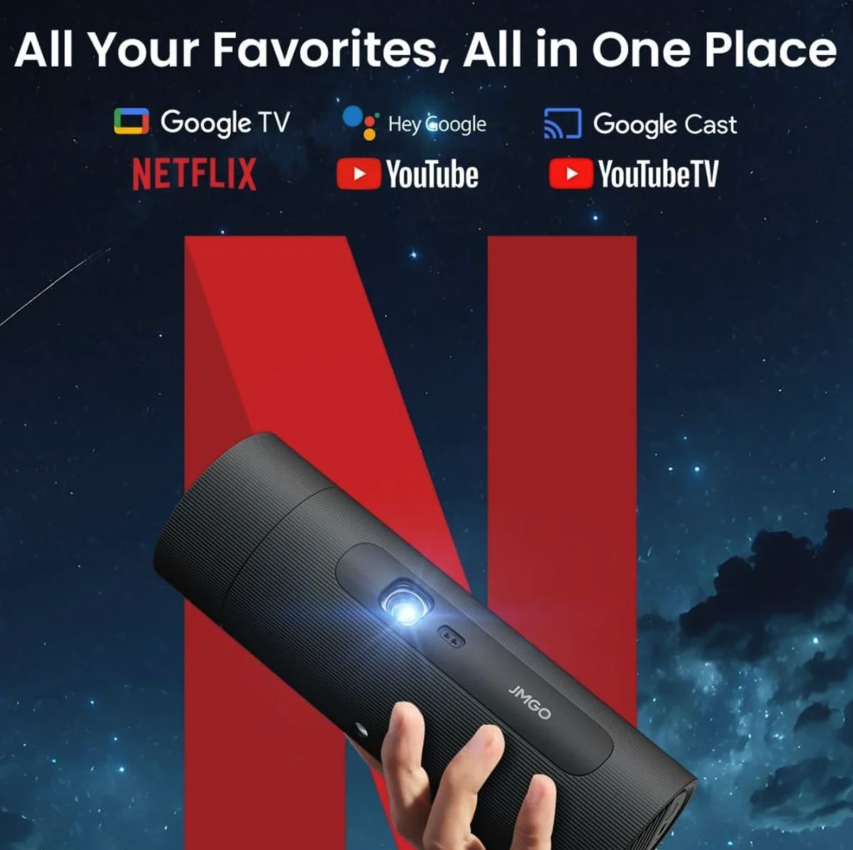 JMGO PicoFlix campaign visual: Netflix, Google TV, YouTube and Google Cast built in